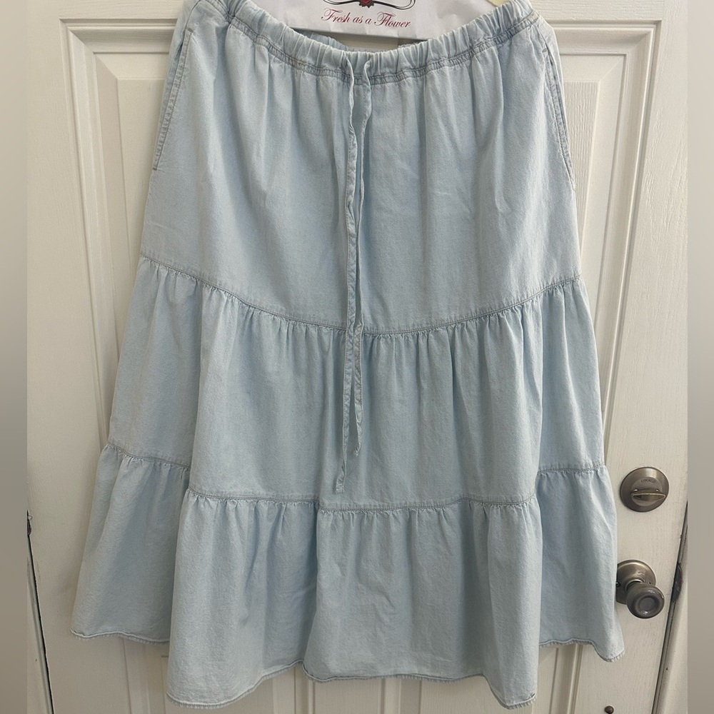 Velvet Light Blue Tiered Cotton A-Line Skirt